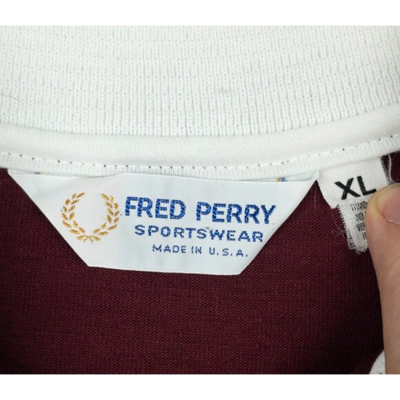 Fred Perry Polo Shirt Men's XL Striped Burgundy White Sportswear Made in USA 80s - Picture 3 of 12
